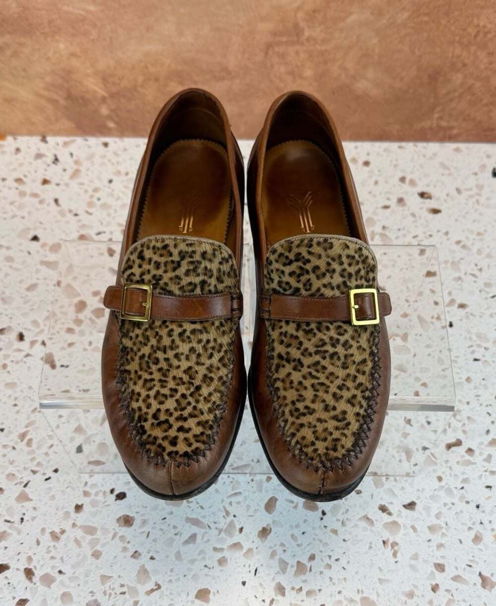 Yanko Brown Leather Leopard Calf Hair Buckle Loafers Sz 5